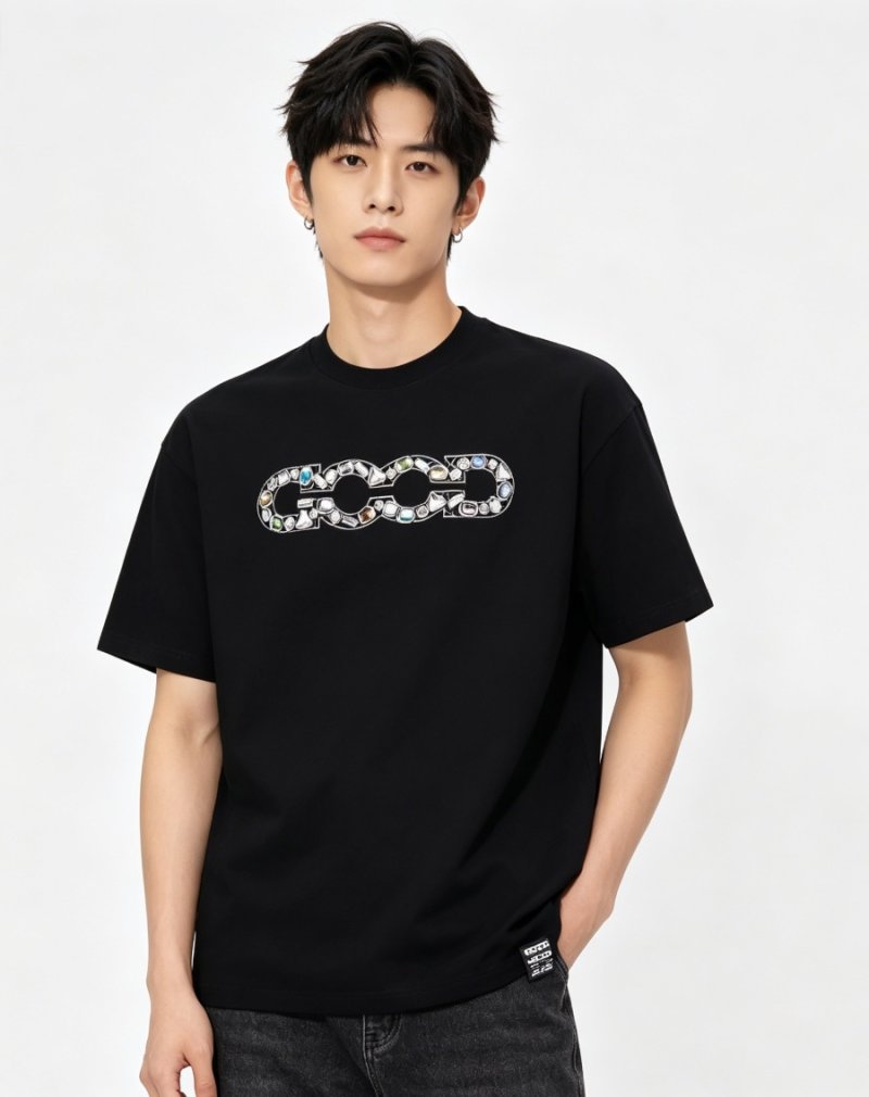 Black Gem-Encrusted Chain Logo Short Sleeve T-Shirt view