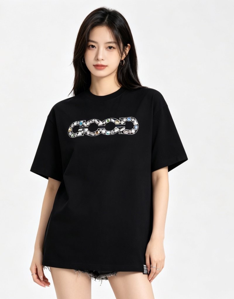Black Gem-Encrusted Chain Logo Short Sleeve T-Shirt view