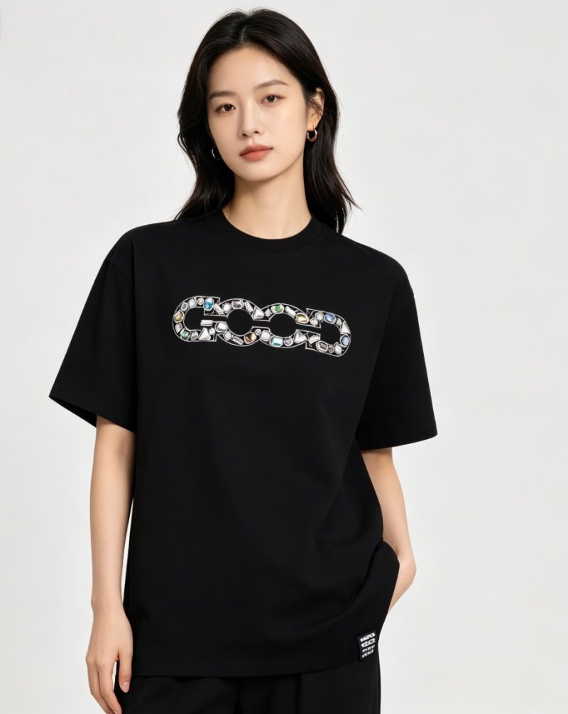 Black Gem-Encrusted Chain Logo Short Sleeve T-Shirt view