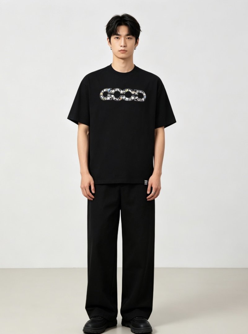 Black Gem-Encrusted Chain Logo Short Sleeve T-Shirt view