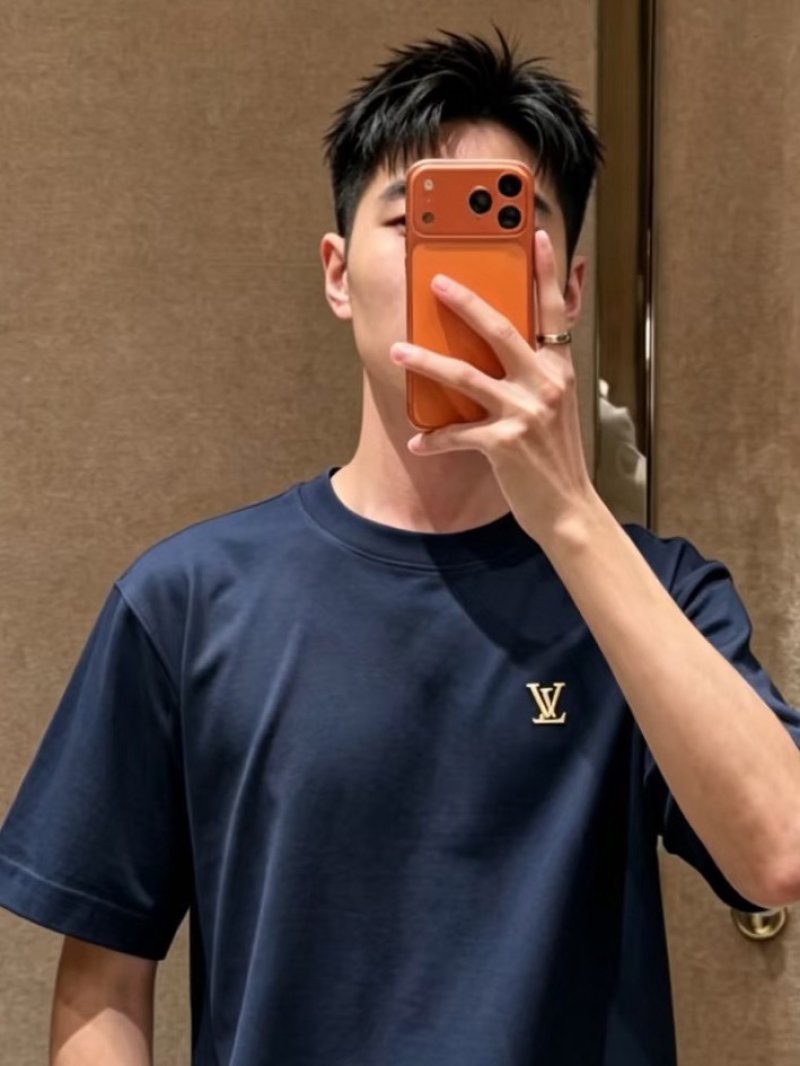 Louis Vuitton Navy Crewneck T-Shirt with Gold LV Logo