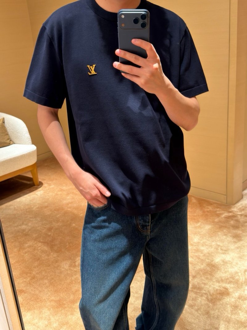 Louis Vuitton Navy Crewneck T-Shirt with Gold LV Logo view