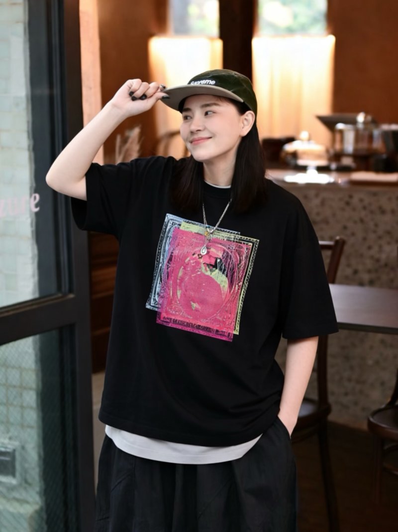Black Short Sleeve Graphic T-Shirt with Pink Abstract Print view