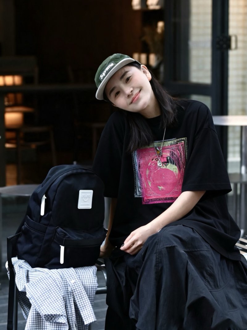 Black Short Sleeve Graphic T-Shirt with Pink Abstract Print view