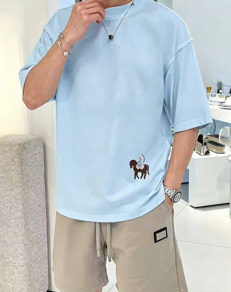 Light Blue Oversized T-Shirt with Embroidered Horse Graphic