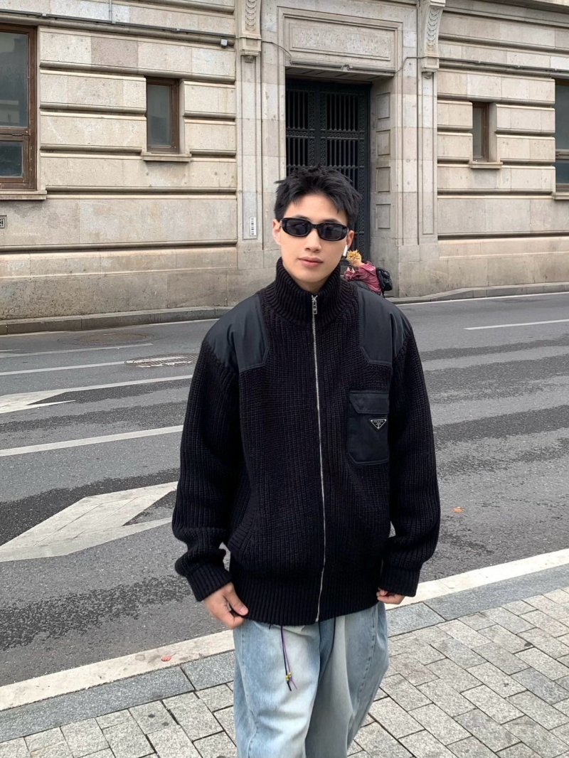 Prada Black Nylon & Ribbed Knit Zip Jacket