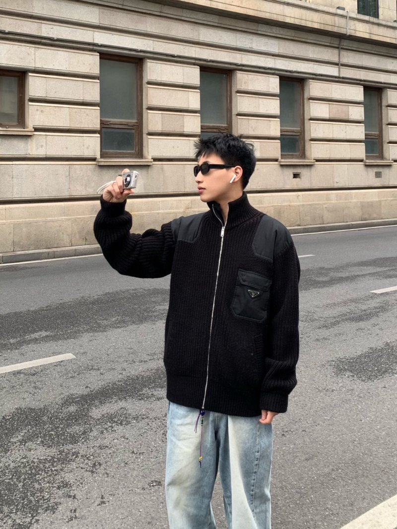 Prada Black Nylon & Ribbed Knit Zip Jacket view