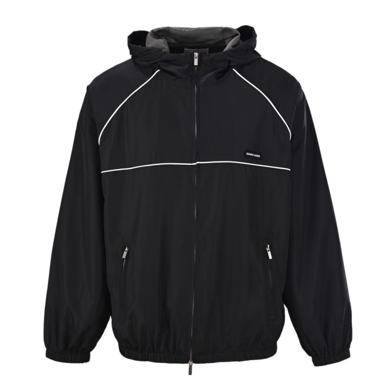 Black Nylon Windbreaker Jacket with Contrast Piping