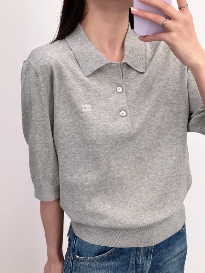 Grey Knit Polo Shirt with Collar – Classic 3/4 Sleeve