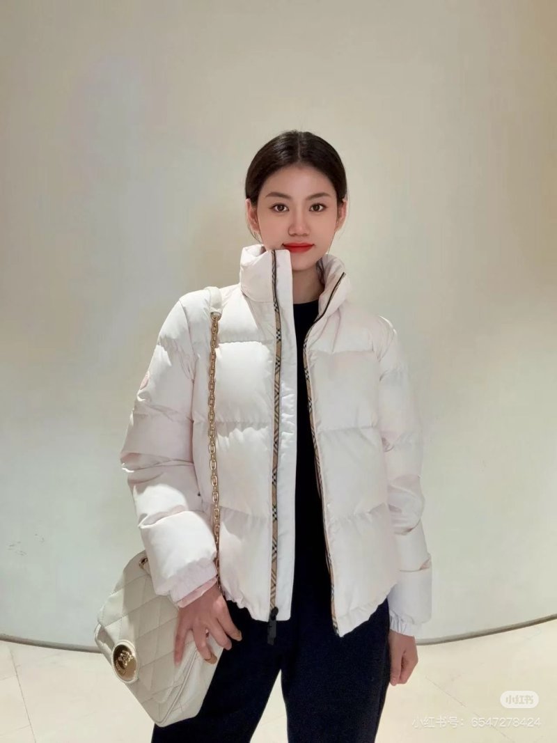 White Puffer Down Jacket with Check Trim