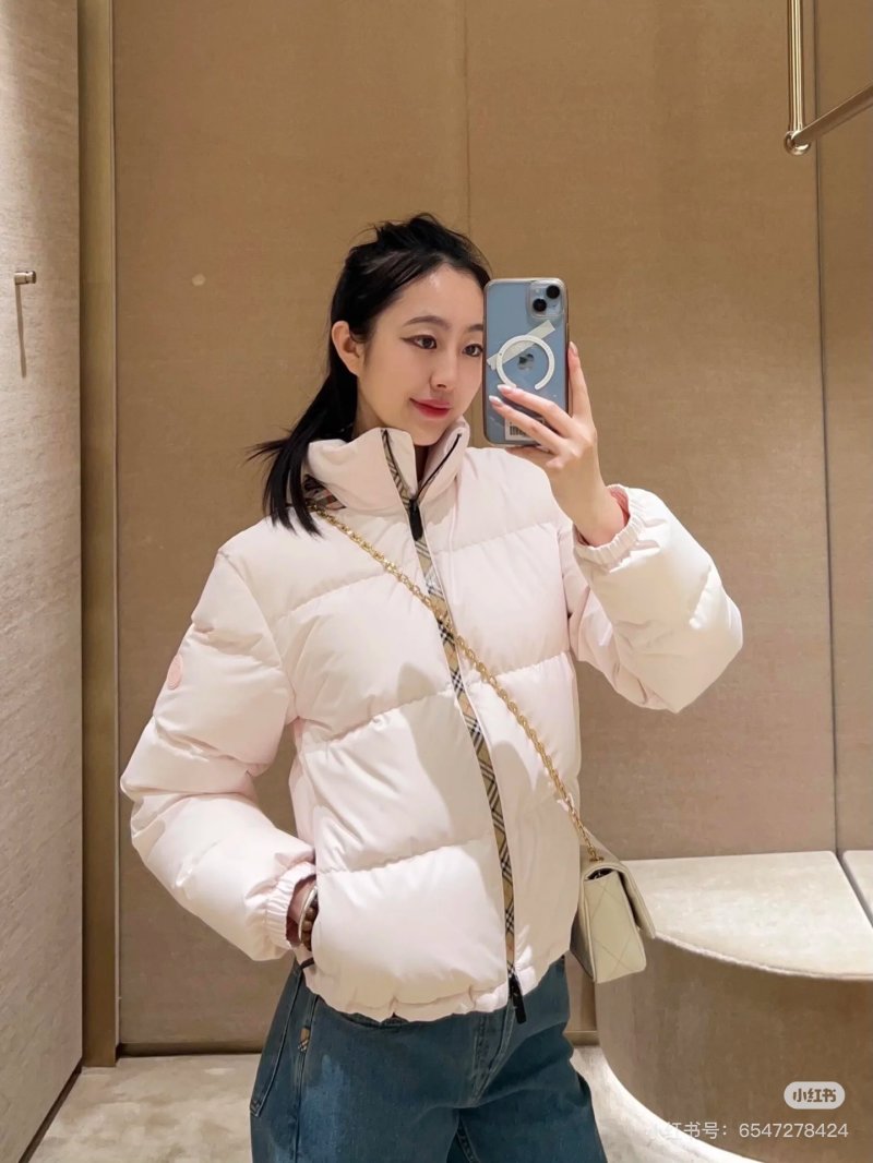 White Puffer Down Jacket with Check Trim view