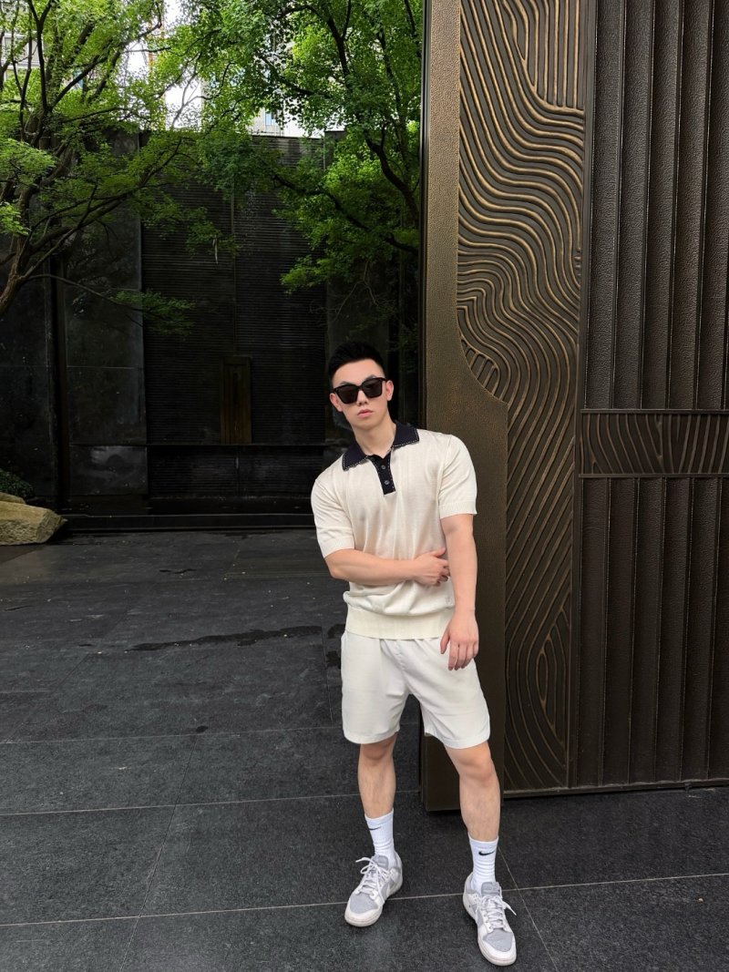 Cream Knit Polo Shirt with Navy Collar