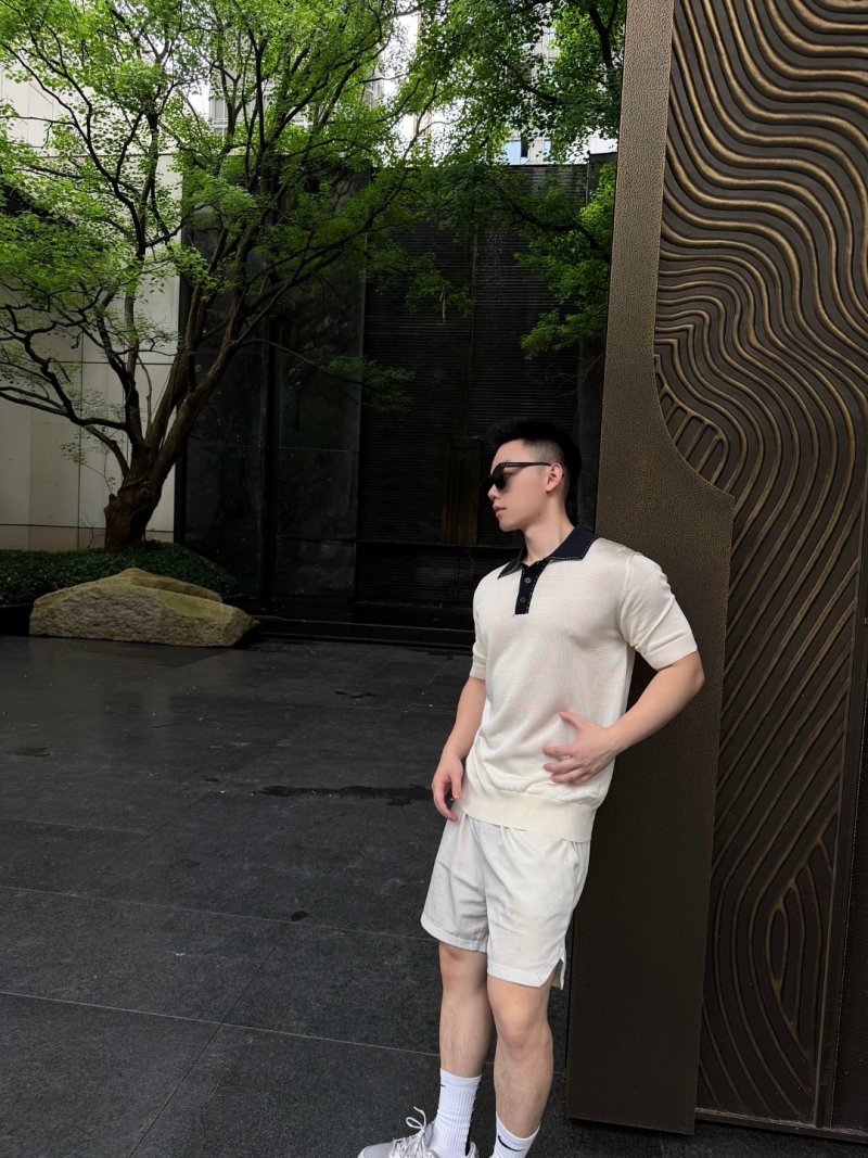 Cream Knit Polo Shirt with Navy Collar view