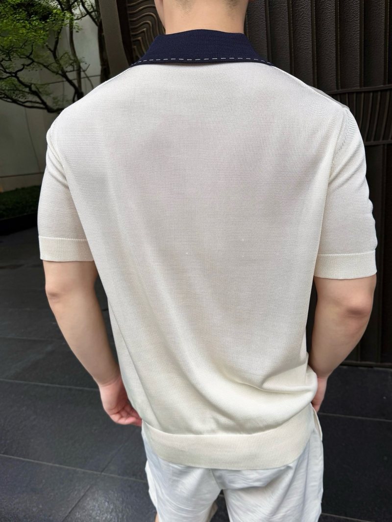Cream Knit Polo Shirt with Navy Collar view