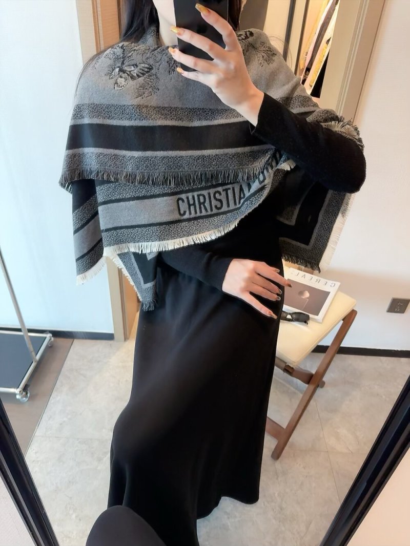 Dior Christian Wool Silk Blend Square Scarf Grey/Black