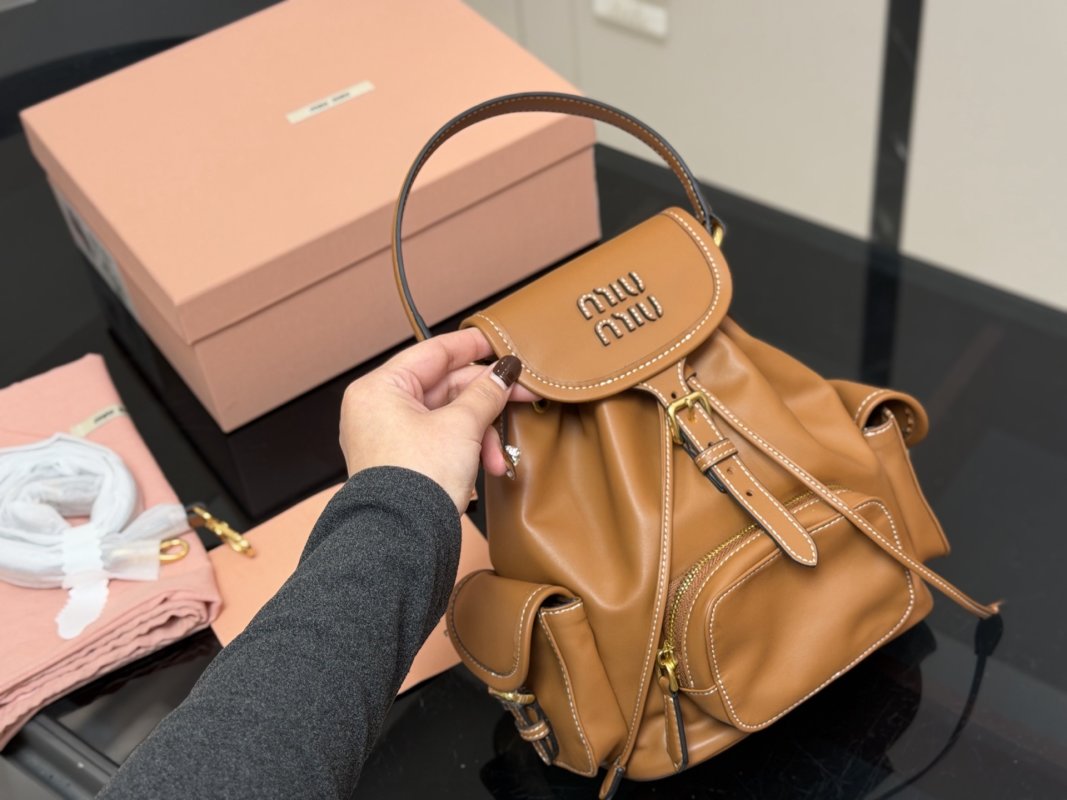 Miu Miu Caramel Leather Backpack SS25 view