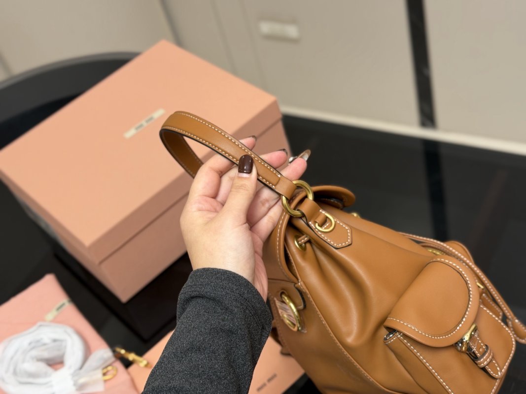 Miu Miu Caramel Leather Backpack SS25 view