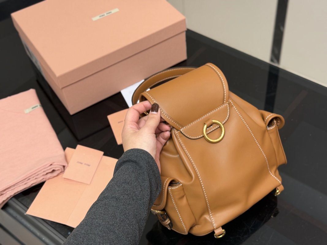 Miu Miu Caramel Leather Backpack SS25 view