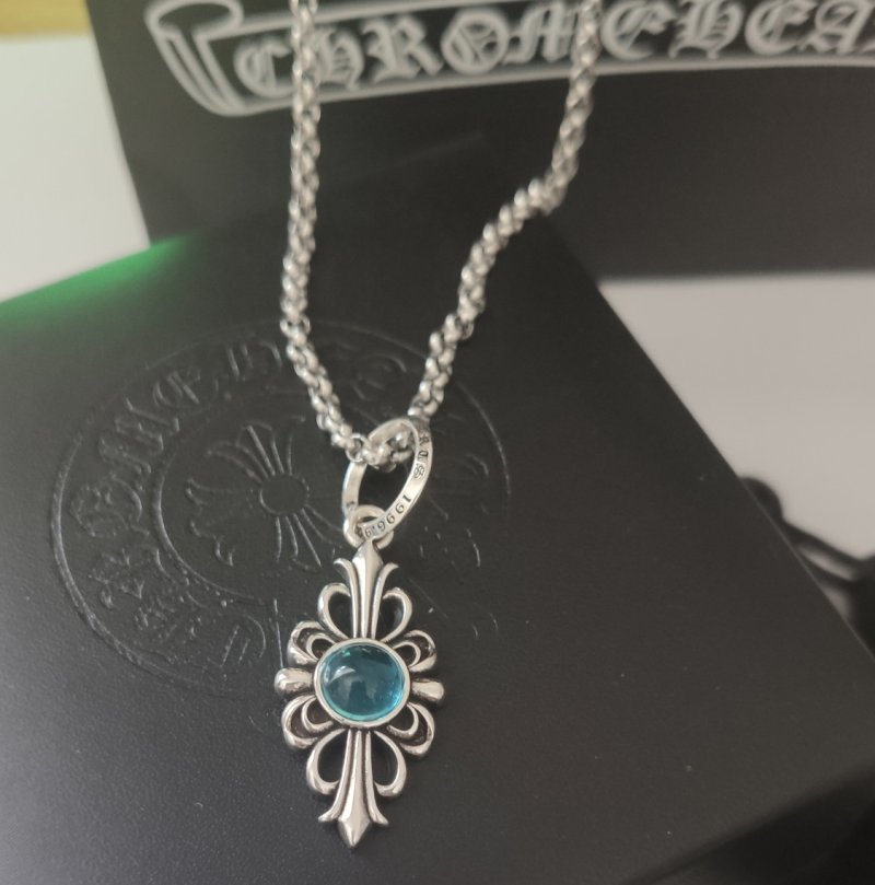 Chrome Hearts Blue Sapphire Cross Pendant Necklace Silver