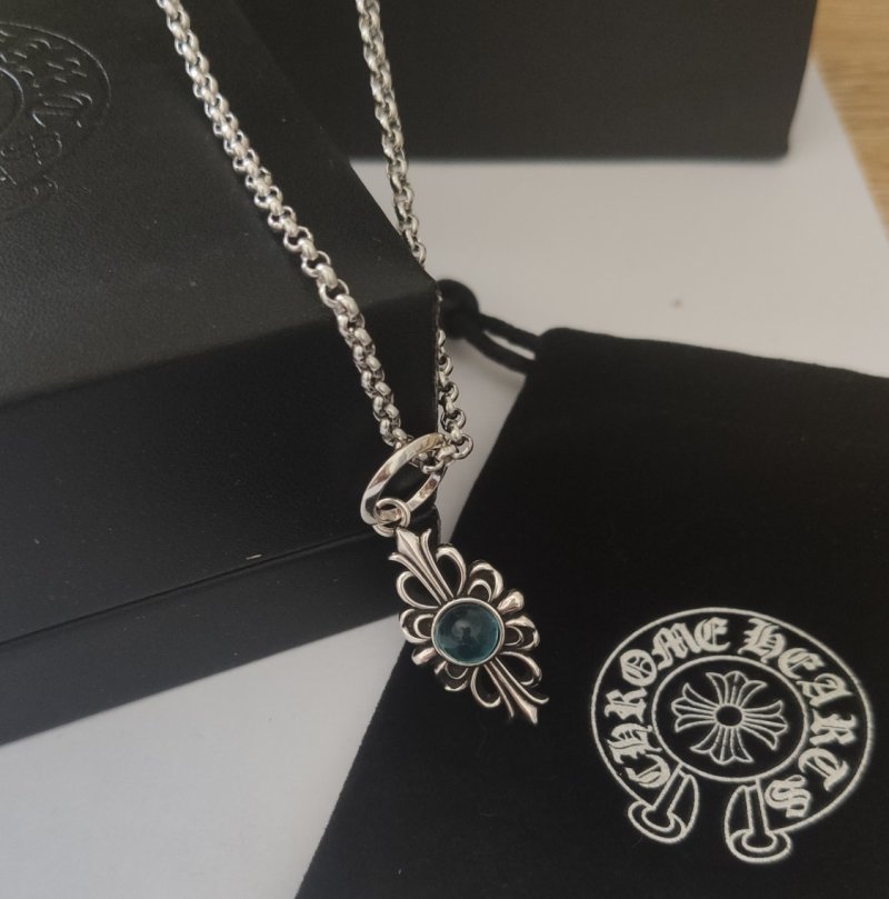 Chrome Hearts Blue Sapphire Cross Pendant Necklace Silver view