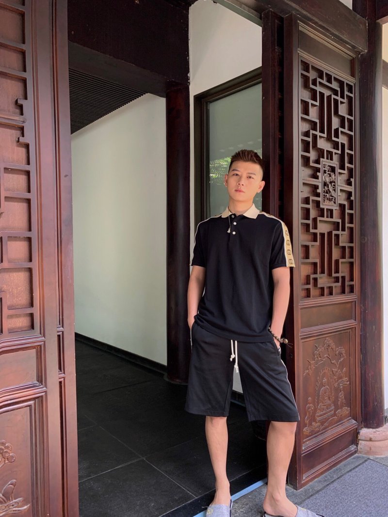 Black Short Sleeve T-Shirt with Gold Stripe Trim view