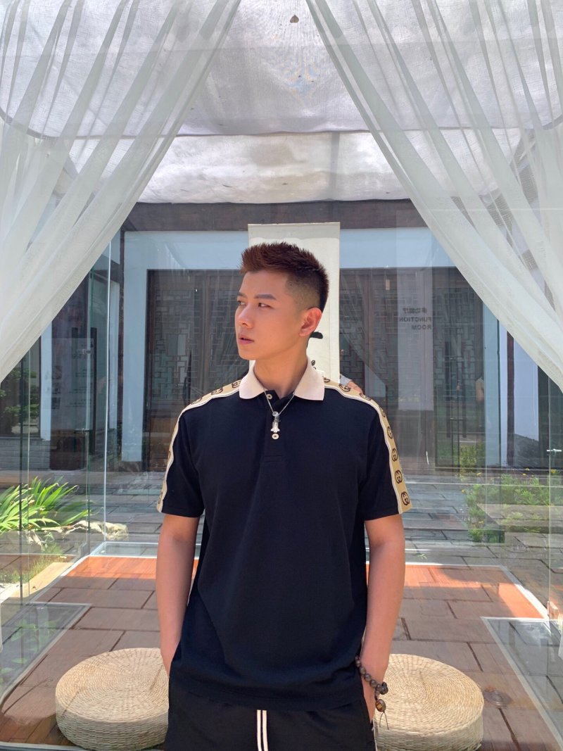 Black Short Sleeve T-Shirt with Gold Stripe Trim view