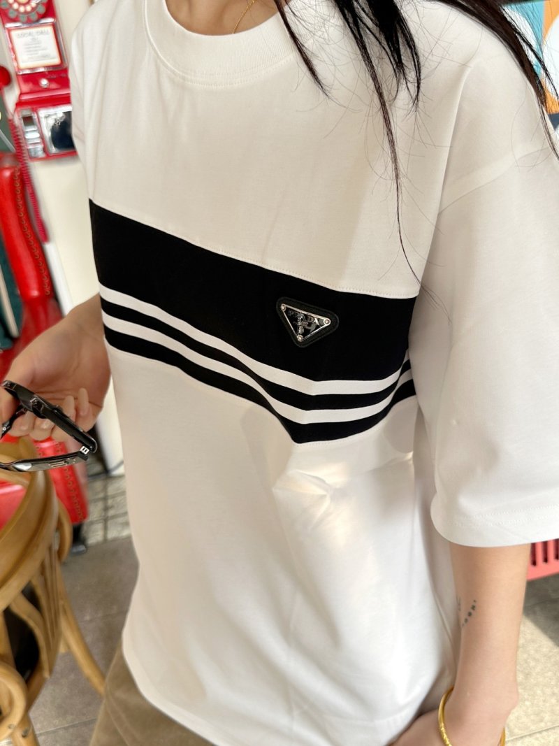 Prada Stripe Block Short Sleeve T-Shirt White Black