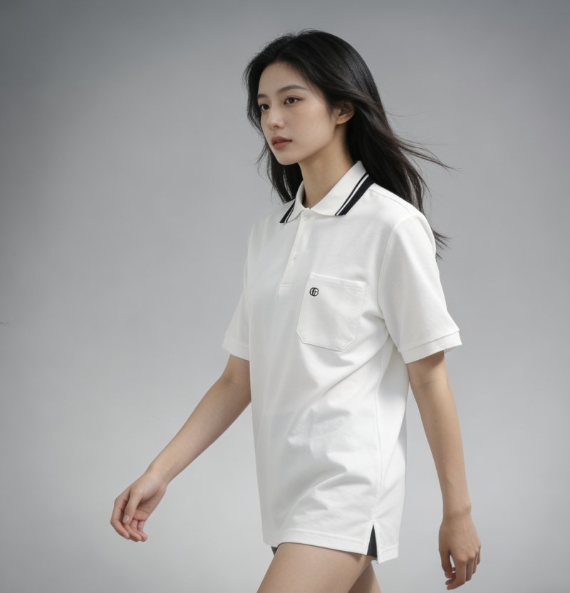 White Short Sleeve Polo Shirt with Striped Collar