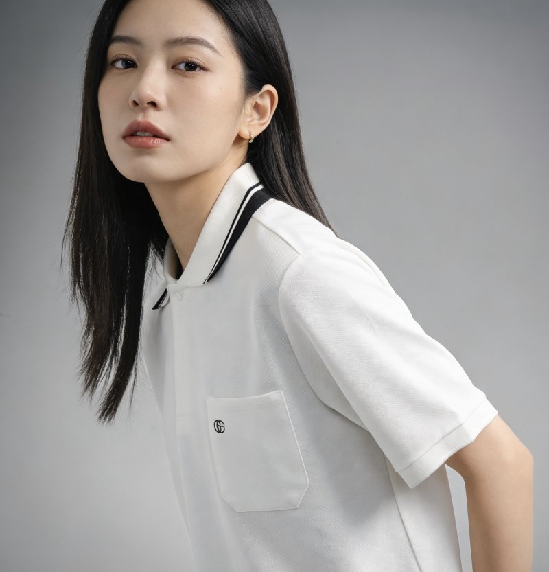 White Short Sleeve Polo Shirt with Striped Collar view
