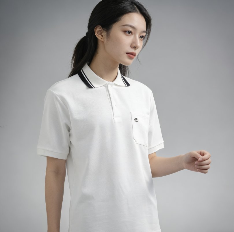 White Short Sleeve Polo Shirt with Striped Collar view