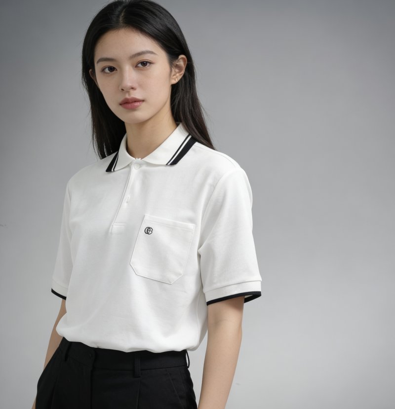 White Short Sleeve Polo Shirt with Striped Collar view