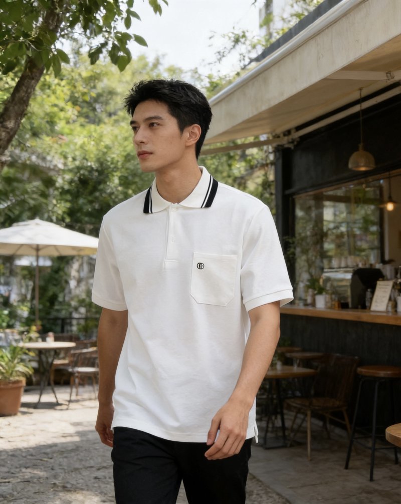 White Short Sleeve Polo Shirt with Striped Collar view
