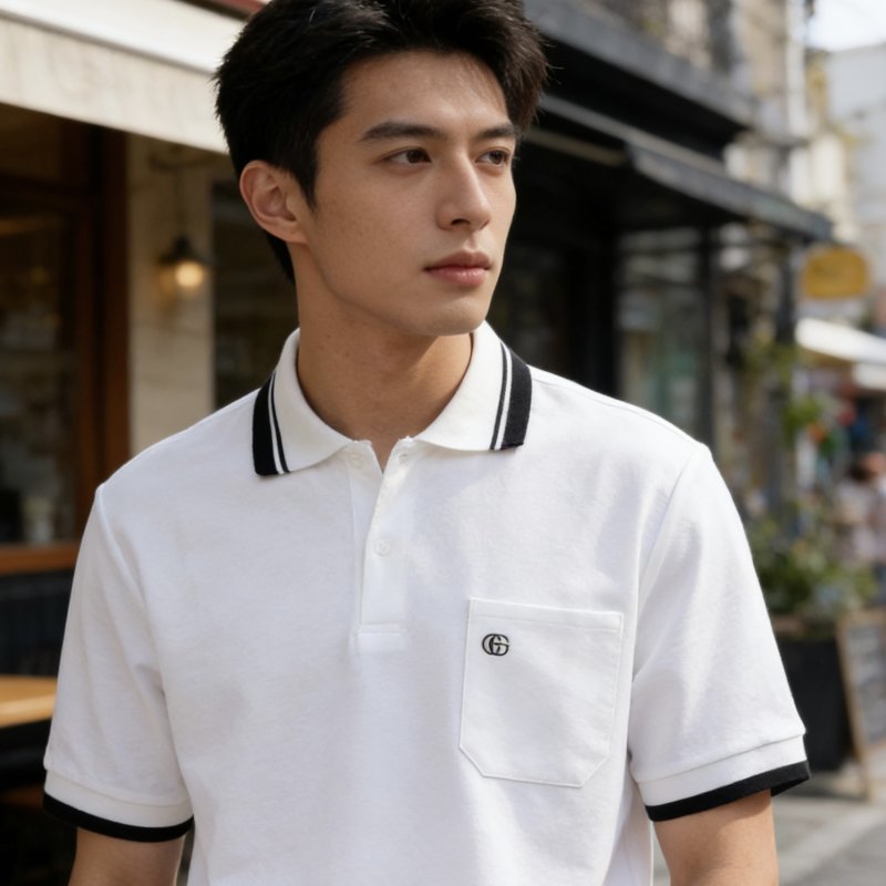 White Short Sleeve Polo Shirt with Striped Collar view