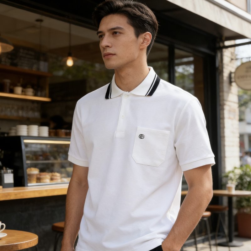 White Short Sleeve Polo Shirt with Striped Collar view