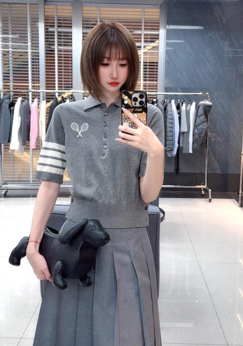 Grey Polo Shirt with Stripe Sleeve Detail view