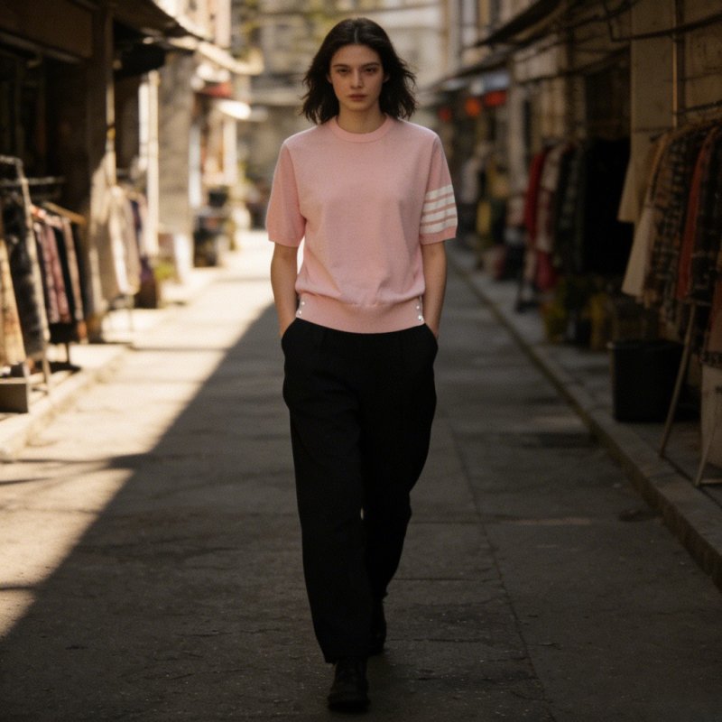Pink Striped Sleeve Crewneck T-Shirt view