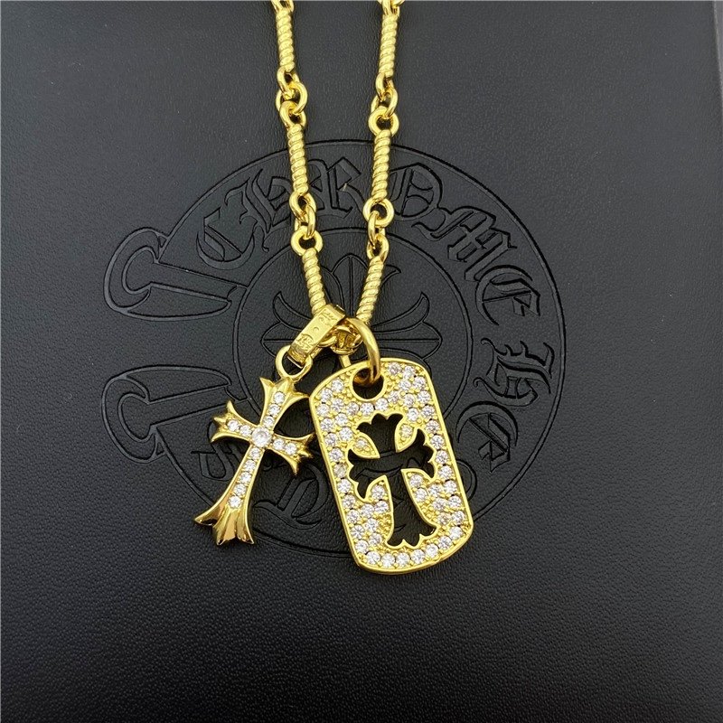 Chrome Hearts Gold Crystal Cross Tag Pendant Necklace