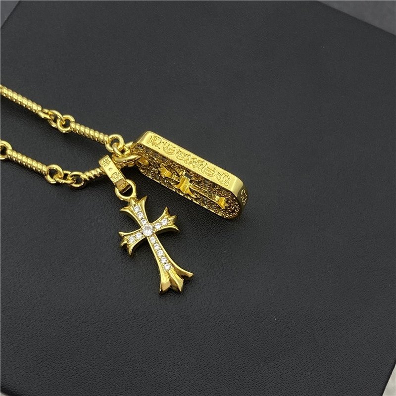 Chrome Hearts Gold Crystal Cross Tag Pendant Necklace view