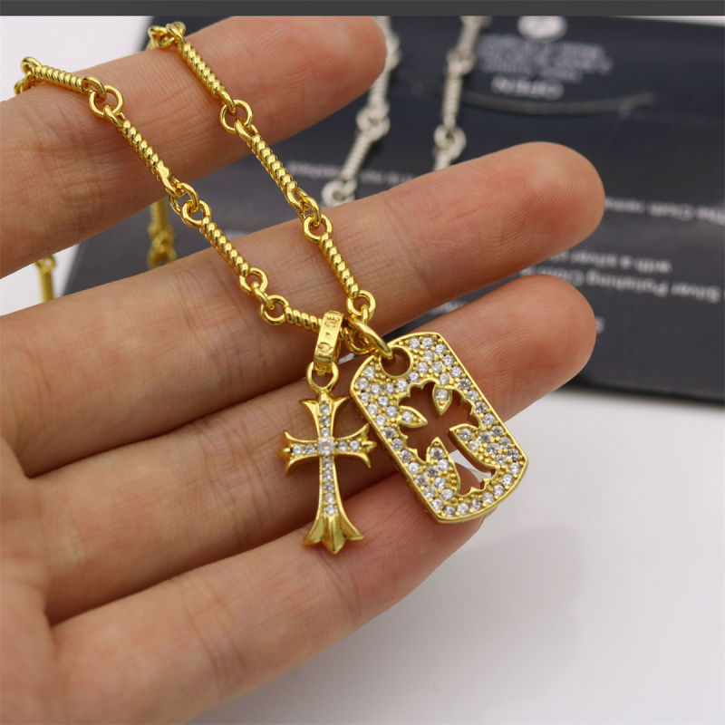 Chrome Hearts Gold Crystal Cross Tag Pendant Necklace view