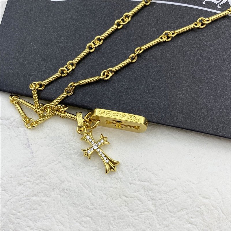 Chrome Hearts Gold Crystal Cross Tag Pendant Necklace view