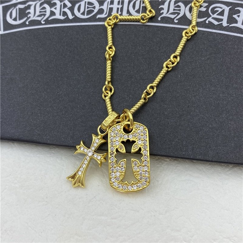 Chrome Hearts Gold Crystal Cross Tag Pendant Necklace view