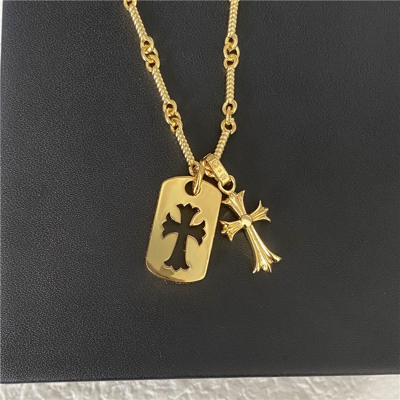 Chrome Hearts Gold Crystal Cross Tag Pendant Necklace view