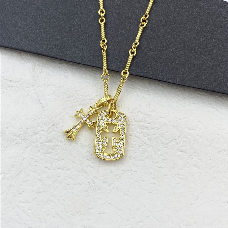 Chrome Hearts Gold Crystal Cross Tag Pendant Necklace view