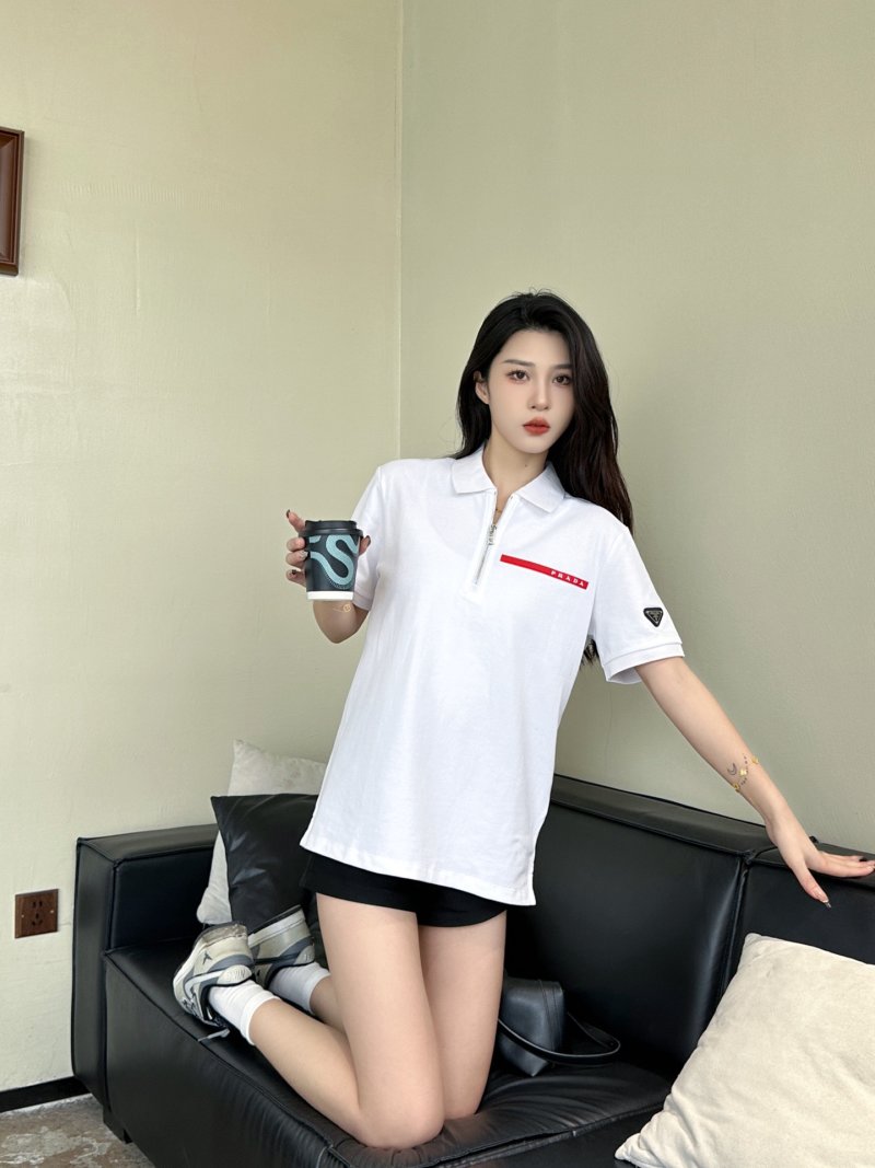 White Short Sleeve Polo Shirt with Red Stripe Detail view
