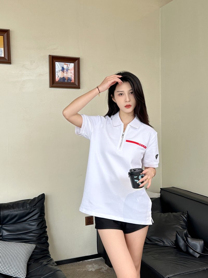 White Short Sleeve Polo Shirt with Red Stripe Detail view