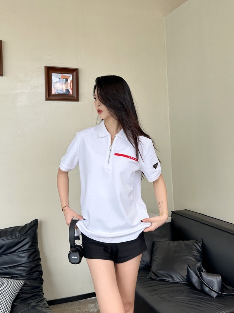 White Short Sleeve Polo Shirt with Red Stripe Detail view