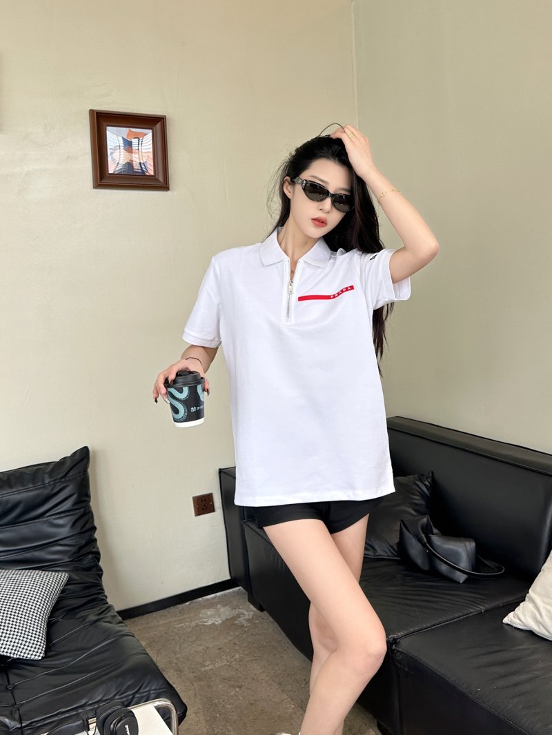 White Short Sleeve Polo Shirt with Red Stripe Detail view