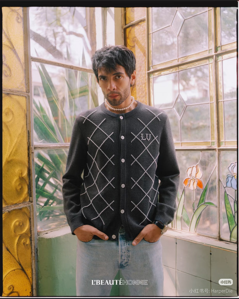 Charcoal Argyle Knit Cardigan with White Diamond Pattern view