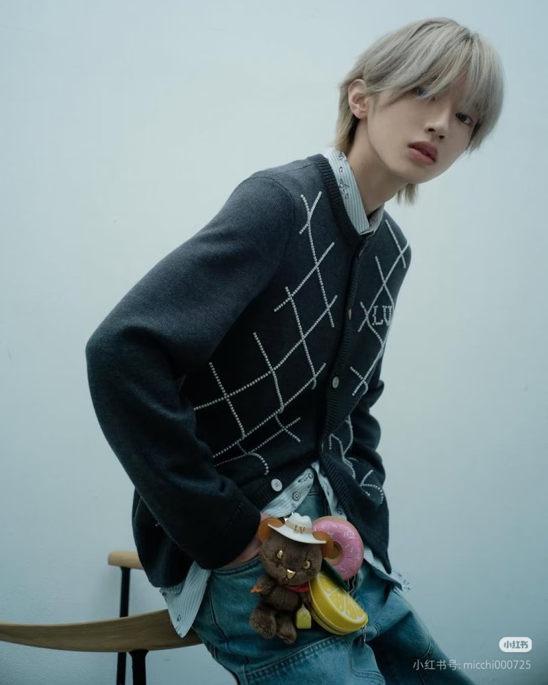 Charcoal Argyle Knit Cardigan with White Diamond Pattern view