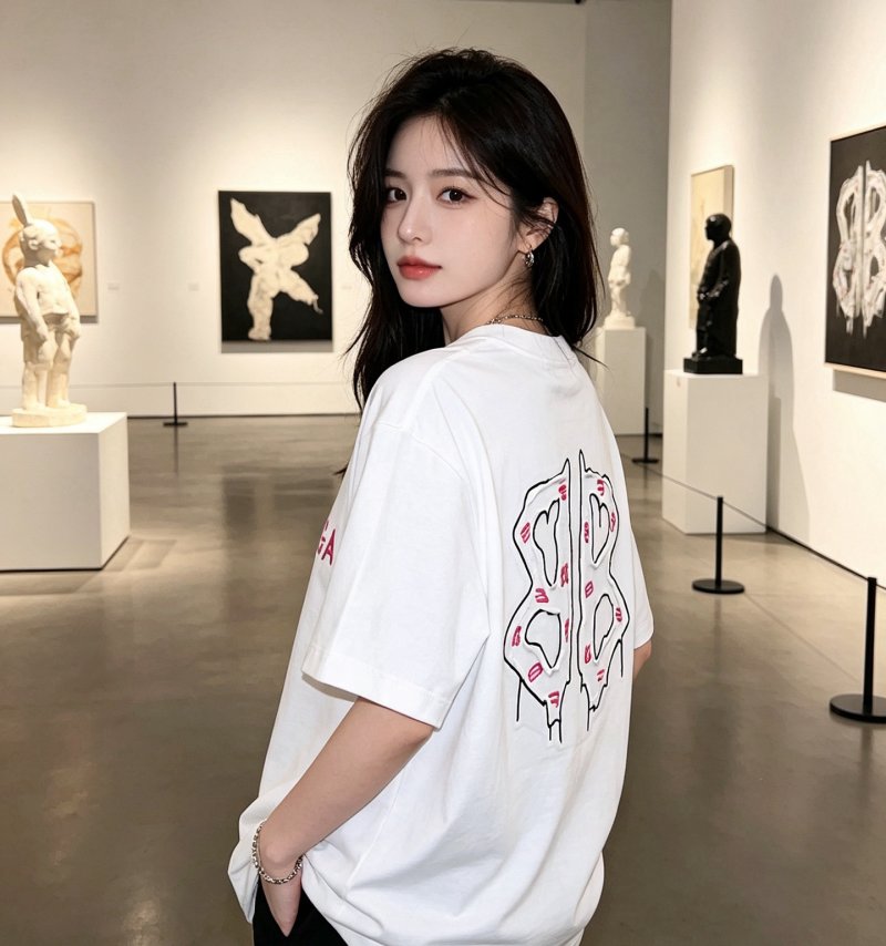 White Oversized T-Shirt with Abstract Line Art Graphic Print